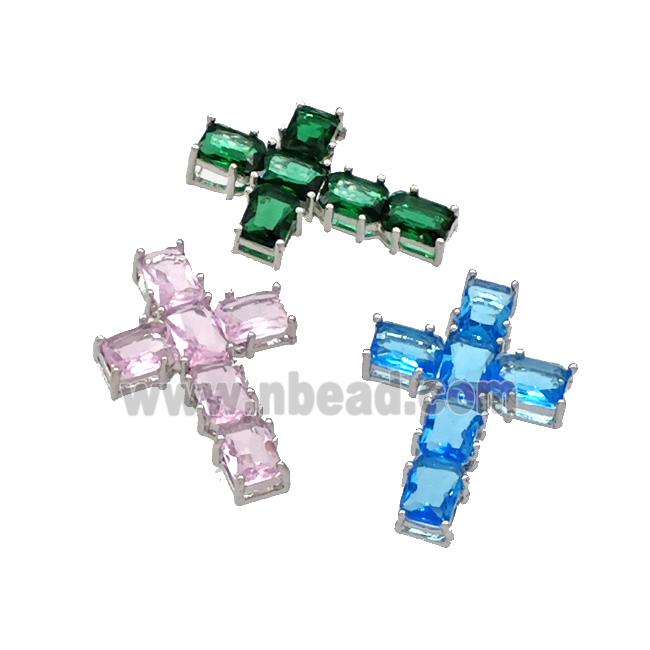 Copper Cross Pendant Micro Pave Crystal Platinum Plated Mixed