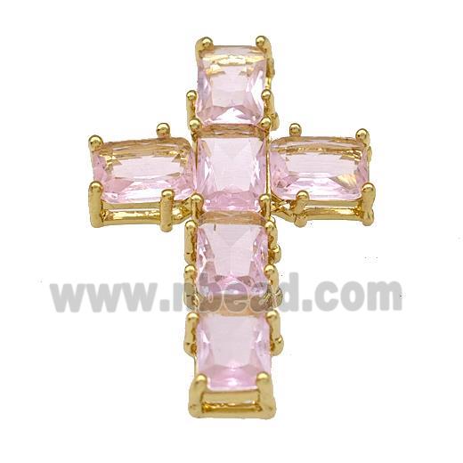 Copper Cross Pendant Micro Pave Pink Crystal Gold Plated