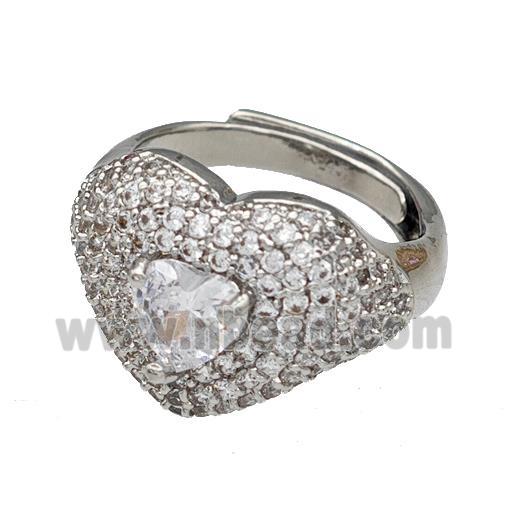 Copper Heart Rings Micro Pave Zirconia Adjustable Platinum Plated