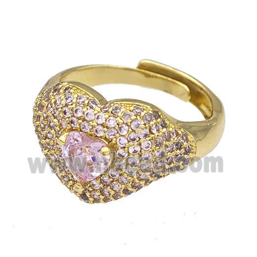 Copper Heart Rings Micro Pave Pink Zirconia Adjustable Gold Plated