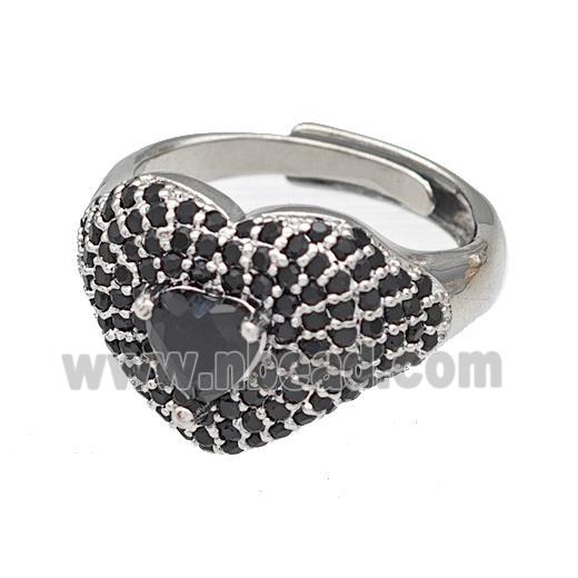 Copper Heart Rings Micro Pave Black Zirconia Adjustable Platinum Plated