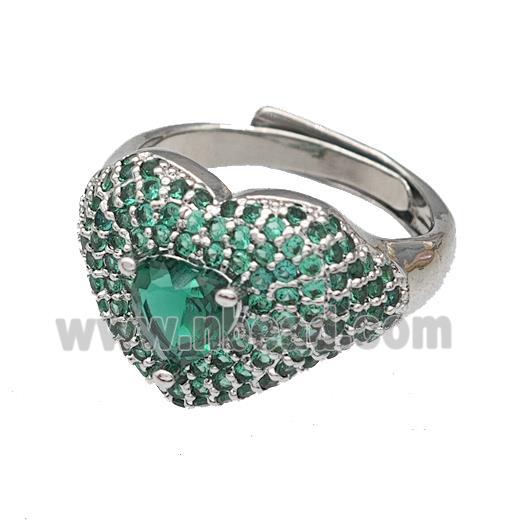 Copper Heart Rings Micro Pave Green Zirconia Adjustable Platinum Plated