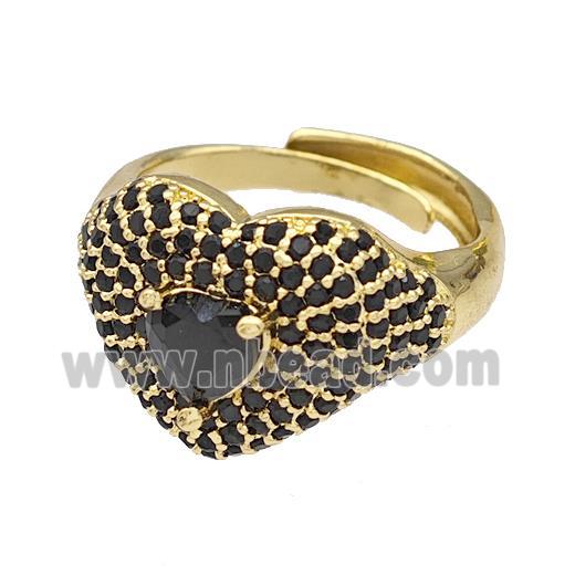 Copper Heart Rings Micro Pave Black Zirconia Adjustable Gold Plated