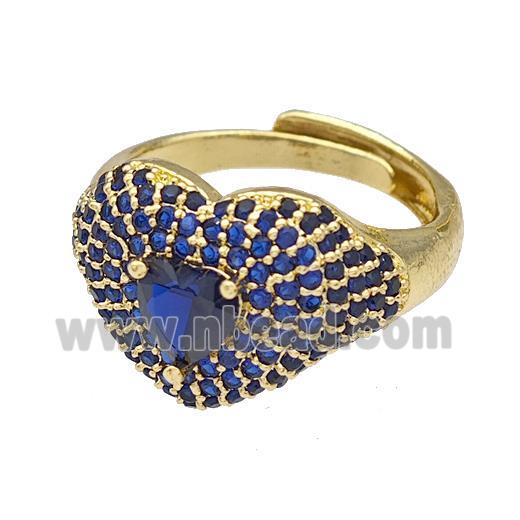 Copper Heart Rings Micro Pave Blue Zirconia Adjustable Gold Plated