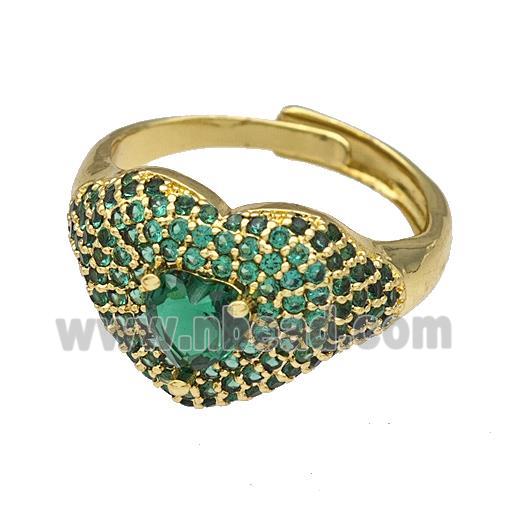 Copper Heart Rings Micro Pave Green Zirconia Adjustable Gold Plated