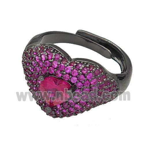 Copper Heart Rings Micro Pave Fuchsia Zirconia Adjustable Black Plated