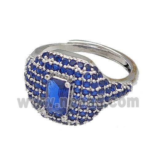 Copper Rings Micro Pave Blue Zirconia Adjustable Platinum Plated
