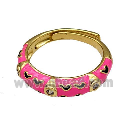 Copper Rings Pave Zircon HotPink Enamel Adjustable Gold Plated