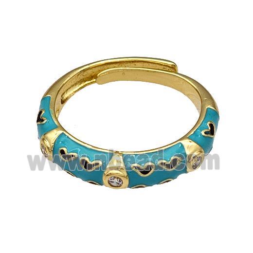 Copper Rings Pave Zircon Teal Enamel Adjustable Gold Plated