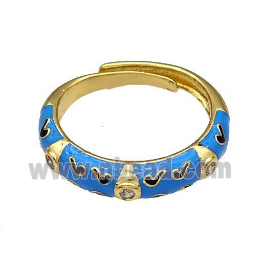 Copper Rings Pave Zircon Blue Enamel Adjustable Gold Plated