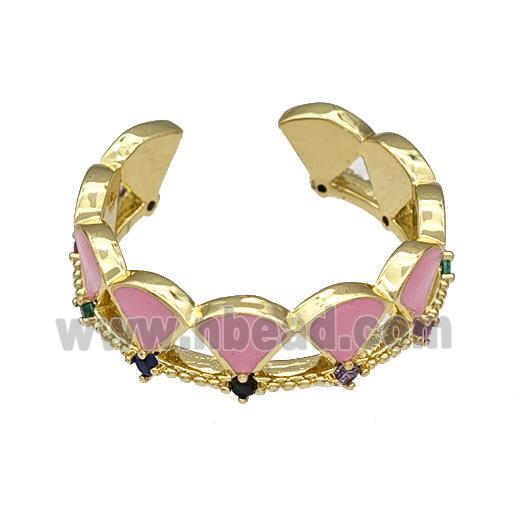Copper Rings Pave Zircon Pink Enamel Adjustable Gold Plated