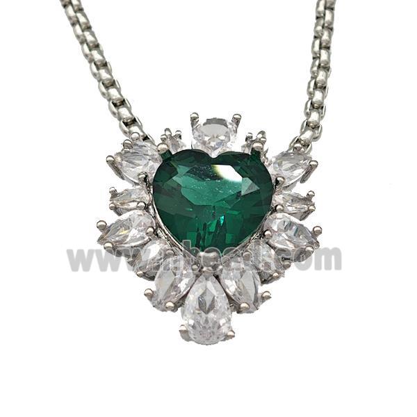 Copper Necklace Heart Micro Pave Green Crystal Glass Platinum Plated