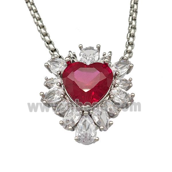 Copper Necklace Heart Micro Pave Red Crystal Glass Platinum Plated