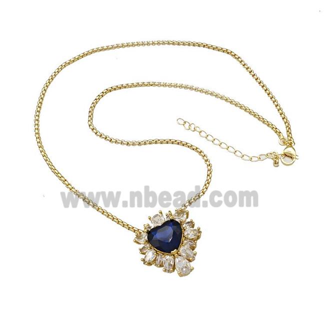 Copper Necklace Heart Micro Pave Blue Crystal Glass Gold Plated