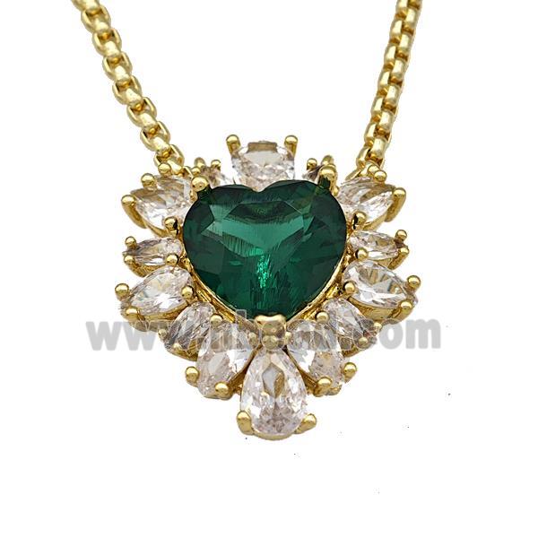 Copper Necklace Heart Micro Pave Green Crystal Glass Gold Plated