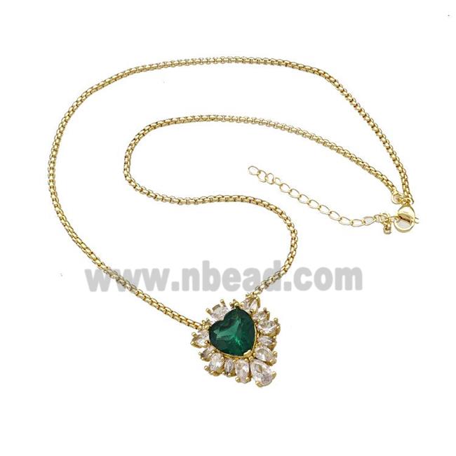 Copper Necklace Heart Micro Pave Green Crystal Glass Gold Plated