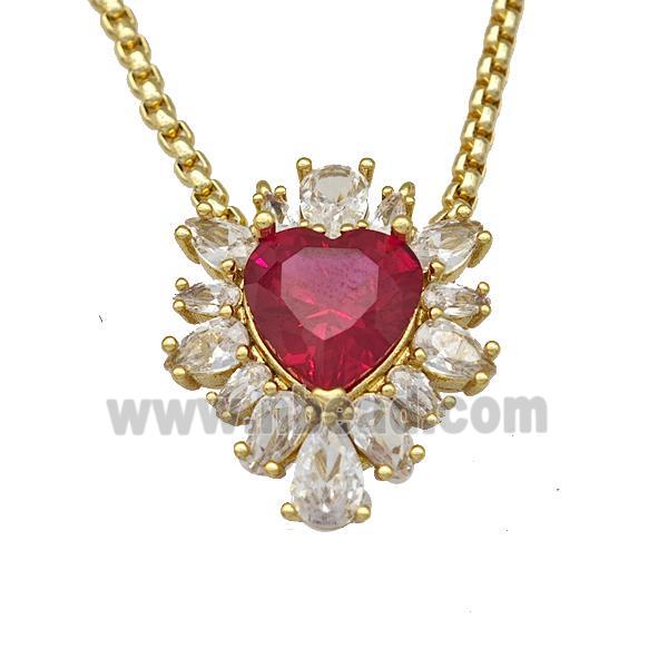 Copper Necklace Heart Micro Pave Red Crystal Glass Gold Plated