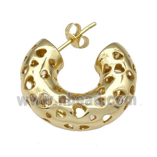 Copper Stud Earrings Hollow Heart C-Shape Gold Plated