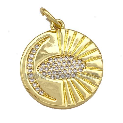 Copper Circle Pendant Micro Pave Zirconia Moon Gold Plated