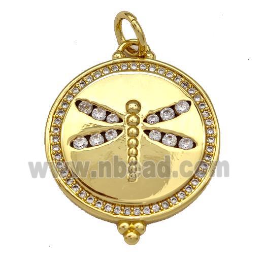 Copper Circle Pendant Micro Pave Zirconia Dragonfly Gold Plated