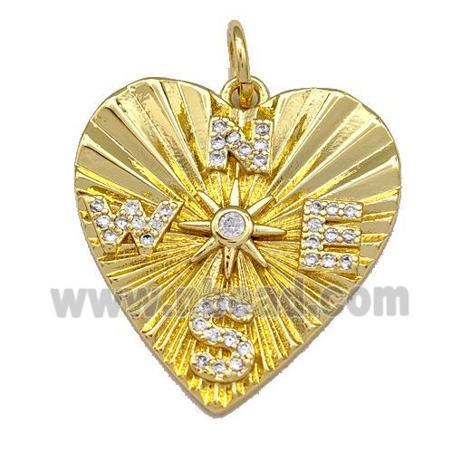Copper Heart Pendant Micro Pave Zirconia Compass Gold Plated