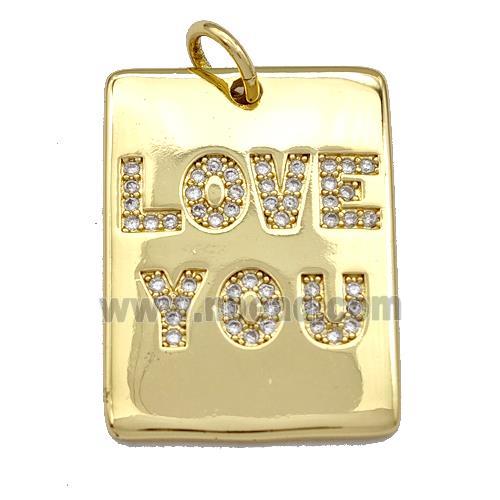 LOVE YOU Copper Rectangle Pendant Micro Pave Zirconia Gold Plated