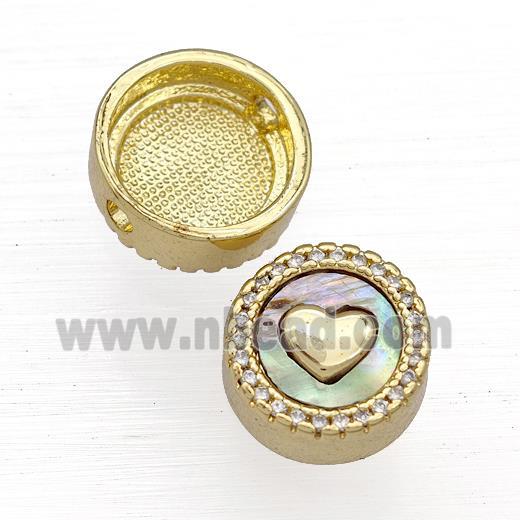 Copper Button Beads Pave Abalone Shell Zircon Heart 18K Gold Plated