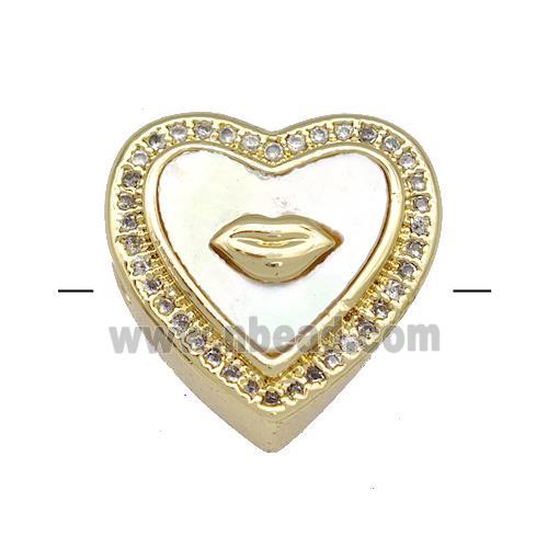 Copper Heart Beads Pave Shell Zircon Lips 18K Gold Plated