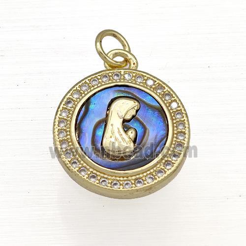 Copper Circle Pendant Pave Abalone Shell Zircon Virgin Mary 18K Gold Plated