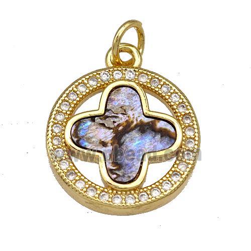 Copper Circle Pendant Pave Abalone Shell Clover 18K Gold Plated