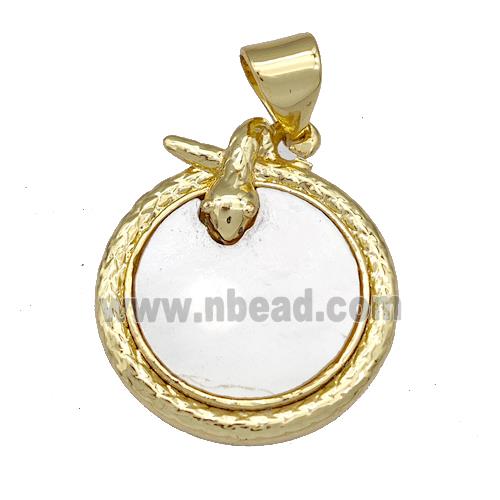 Copper Snake Pendant Pave Shell Circle 18K Gold Plated