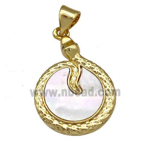 Copper Snake Pendant Pave Shell Circle 18K Gold Plated