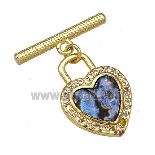 Copper Heart Lock Toggle Clasp Pave Abalone Shell Zircon 18K Gold Plated