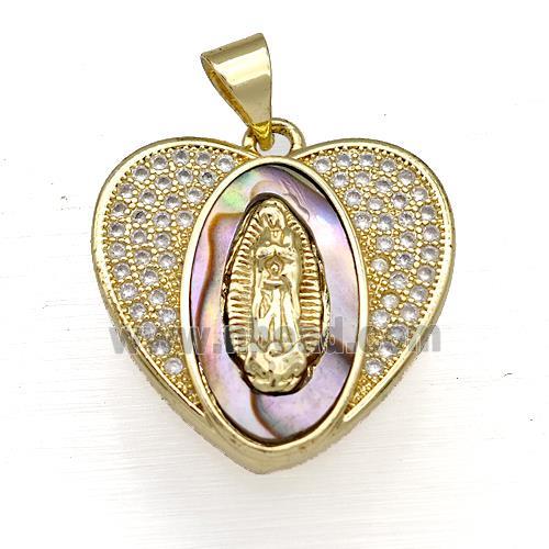 Copper Heart Pendant Pave Abalone Shell Zircon Virgin Mary 18K Gold Plated