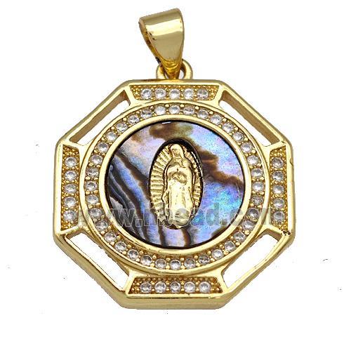 Copper Octagon Pendant Pave Abalone Shell Zircon Religious Virgin Mary 18K Gold Plated
