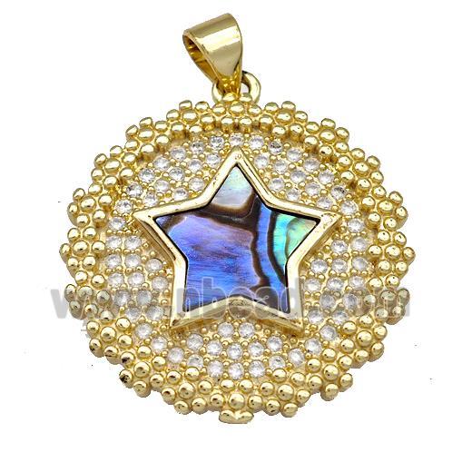 Copper Circle Pendant Pave Abalone Shell Zircon Star 18K Gold Plated