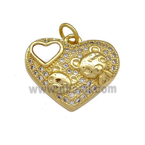 Copper Heart Pendant Pave Shell Zirconia Bear Charms 18K Gold Plated