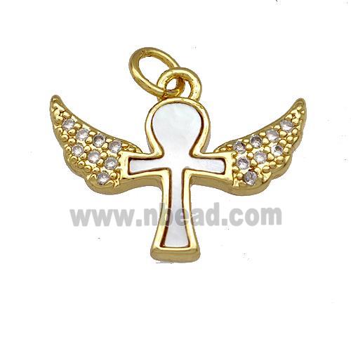 Ankh Angel Wings Charms Copper Pendant Pave Shell Zirconia 18K Gold Plated