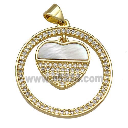 Copper Circle Pendant Pave Shell Zircon Heart 18K Gold Plated