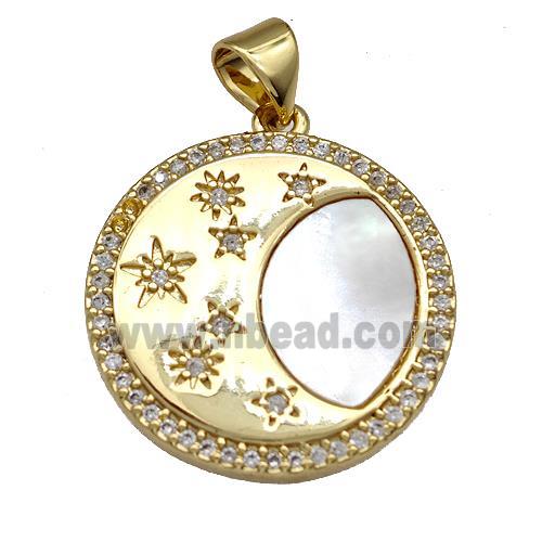 Copper Circle Pendant Pave Shell Zircon Moon 18K Gold Plated
