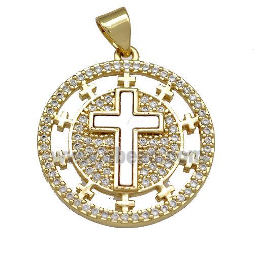 Copper Circle Pendant Pave Shell Zircon Cross 18K Gold Plated