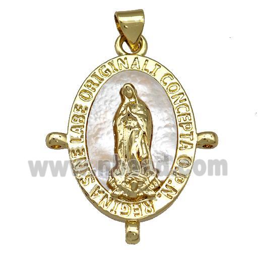 Virgin Mary Charms Copper Oval Pendant Pave Shell Religious 18K Gold Plated