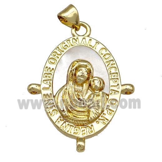 Virgin Mary Charms Copper Oval Pendant Pave Shell 18K Gold Plated