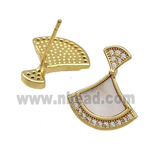 Copper Stud Earrings Pave Shell Zircon Fan 18K Gold Plated