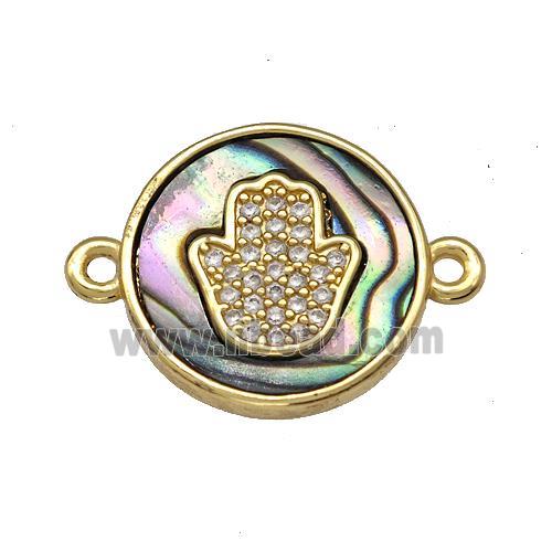 Copper Circle Connector Pave Abalone Shell Zircon Hamsahand 18K Gold Plated