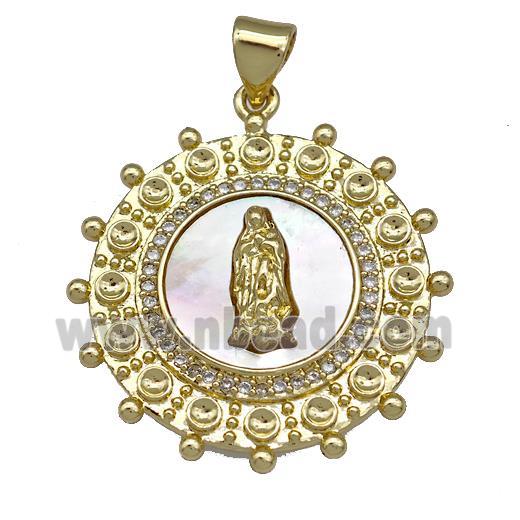 Jesus Charms Copper Circle Pendant Pave Shell Zirconia 18K Gold Plated