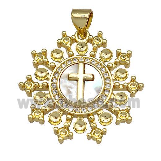 Cross Charms Copper Circle Pendant Pave Shell Zirconia 18K Gold Plated