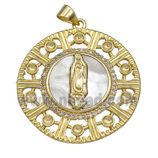 Jesus Charms Copper Circle Pendant Pave Shell Zirconia Religious 18K Gold Plated