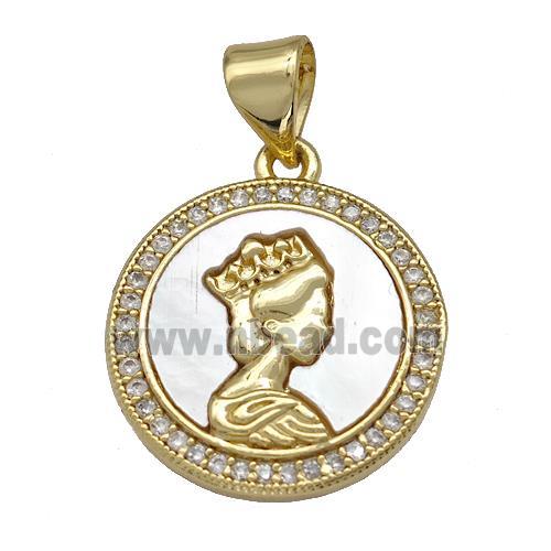 Queen Charms Copper Circle Pendant Pave Shell Zirconia 18K Gold Plated