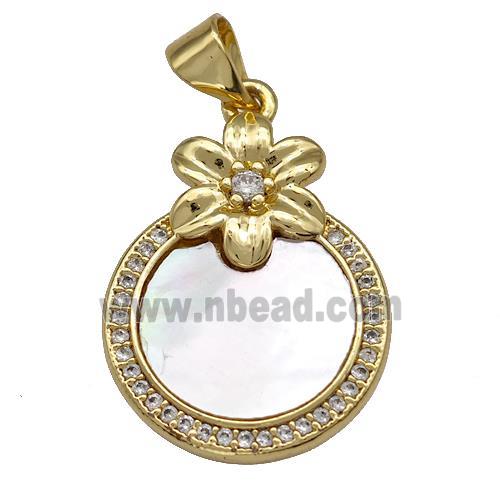 Copper Circle Pendant Pave Shell Zirconia Flower 18K Gold Plated